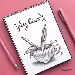 a notebook and three pen are on a pink surface,an open notebook with drawings and pens next to it
