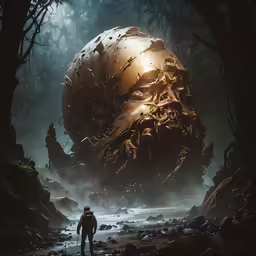 a painting of an alien man walking away from a giant skull in a tree filled jungle