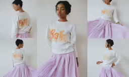 four photos with different poses of a model in purple tulle skirt