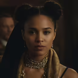 a woman in black dress wearing a neck scarf and gold necklace
