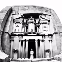 a woman stands next to an old building