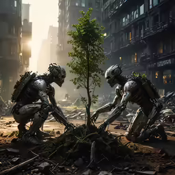 two robots are next to a tree in an area