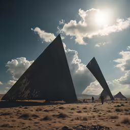 pyramids shaped like their heads in the middle of a desert