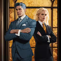 two people are standing together near a window,a man and woman standing next to each other