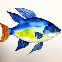 a blue and yellow fish that is standing up,a colorful colored fish floating on water