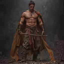 a close - up of a fantasy man holding a sword