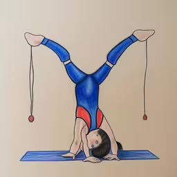a girl doing exercises on a blue mat,a drawing of a girl doing an aerial yoga pose