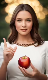 a woman in a white dress holding a red apple
