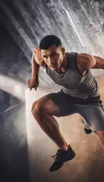 a young man in a grey tank top and black shorts doing jump move