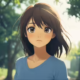 a girl standing in the park next to trees