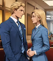 the young couple are talking in a restaurant,two people dressed in suits standing in an office