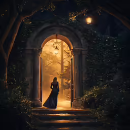 a person walking into an archway into the woods