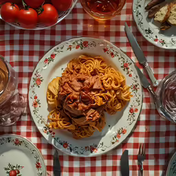 a meal on a plate with bread and wine