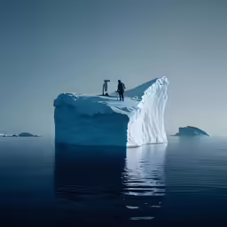 two people standing on top of a large iceberg