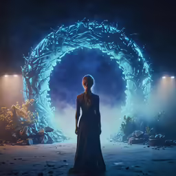 a woman stands in front of a dark tunnel with lights