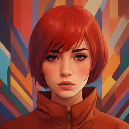 an animated photo of a red haired woman with a brown coat,a digital painting of a woman with orange hair