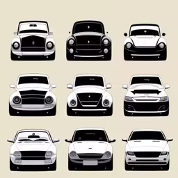 six cars that have black and white stripes on them,a bunch of different car models in various colors