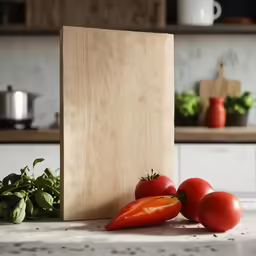 tomatoes and basil are piled on a cutting board in a kitchen
