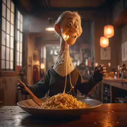 a cartoon character holding spaghetti in front of her mouth