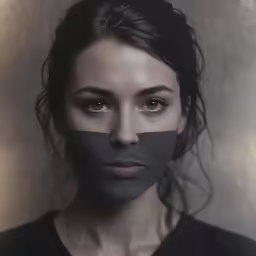a woman with a gray face and black tape painted on her face