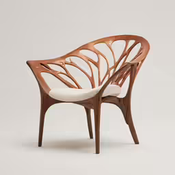 the brown wooden and white upholstered chair has many lines on the back