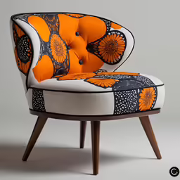 an orange and white chair with a circular shaped back