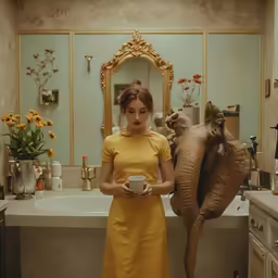 a woman in yellow stands by a bathtub and looks at a jar