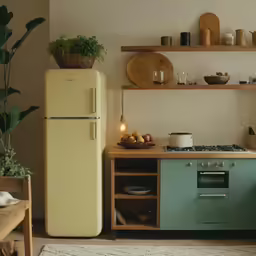 small, colorful kitchen with a fridge, stove and counter