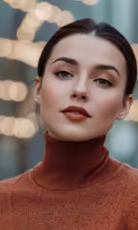 a woman is wearing brown sweater and earrings
