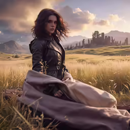 a woman is sitting in the grass wearing a long dress