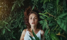 a woman is standing among plants and trees
