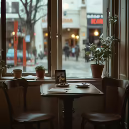a restaurant with a table and two chairs