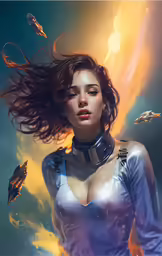 a woman in metallic outfit with a futuristic collar and headpiece