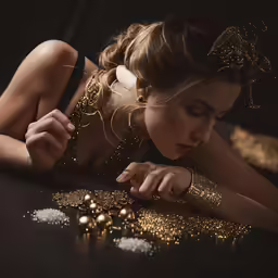 a young woman lays down and touches a large amount of golden bracelets on the table