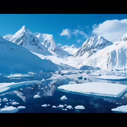 snow capped mountains with ice floating in water and snow covered rocks in the foreground