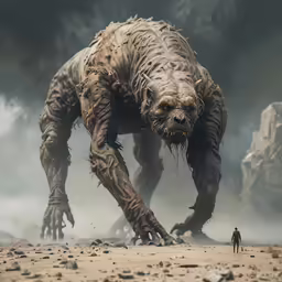giant creature walking across rocky terrain in fog