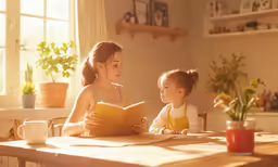 two young children are seated at a dining room table