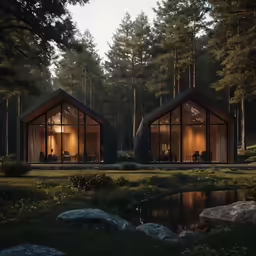 a group of three cabin style home on a river
