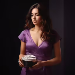 a woman in a purple dress holding a white cup of coffee