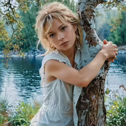 a woman leaning against a tree next to a lake
