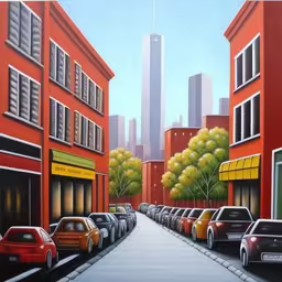 a painting of cars parked on a street