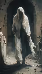 a woman with long hair and white clothes walking in the dark