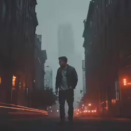 a man is standing on a deserted city street