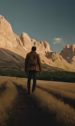 a man with backpack walking towards mountains
