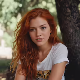 a red headed woman with long hair posing for the camera
