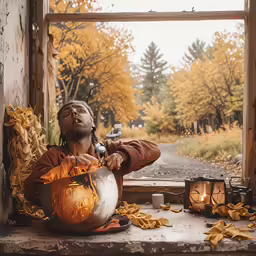 a man sitting in front of a window with a pumpkin