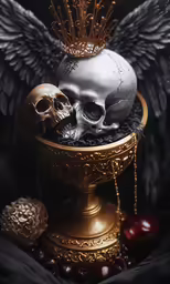 two skulls are next to a crown and black wings