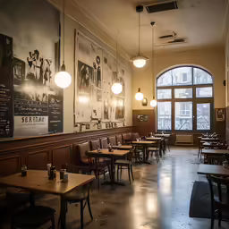a view of a restaurant with tables and chairs