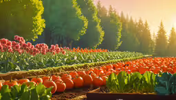 a row of pumpkins in a field with flowers and trees,an open field filled with lots of oranges