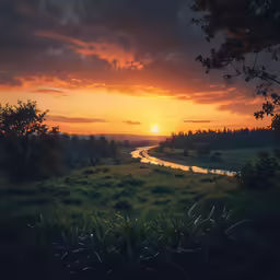 a picture of a river on the grass